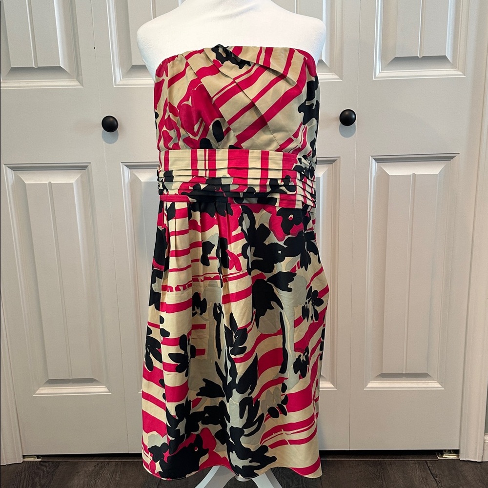 The Limited 14‎ Black/Tan/Maroon Abstract Floral Ruched Strapless Dress